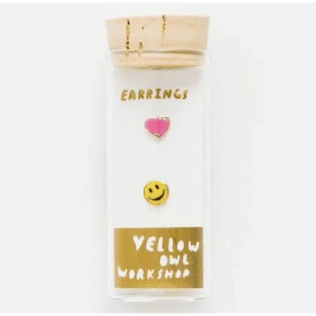 Yellow Owl Post Earrings Happy Face + Heart