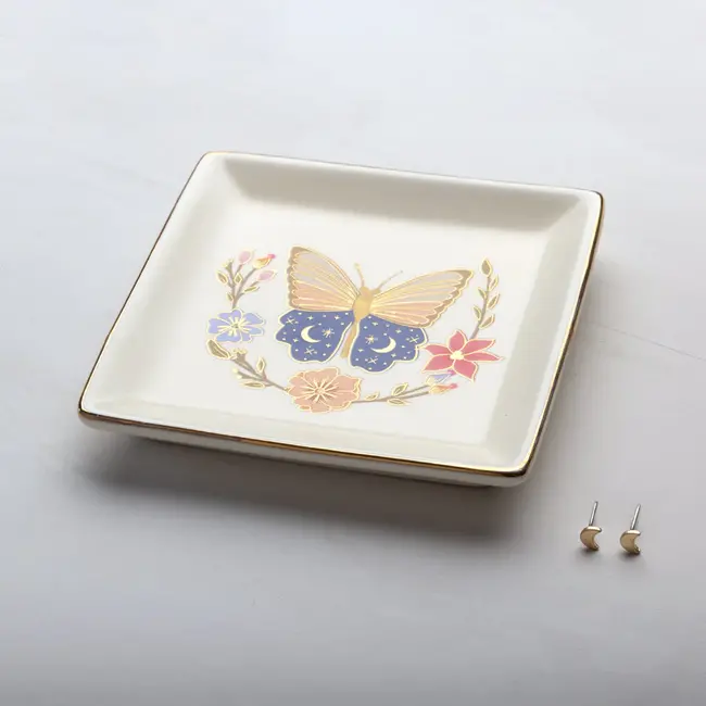 Jewelry Dish & Stud Earring Set - Butterfly/Cream