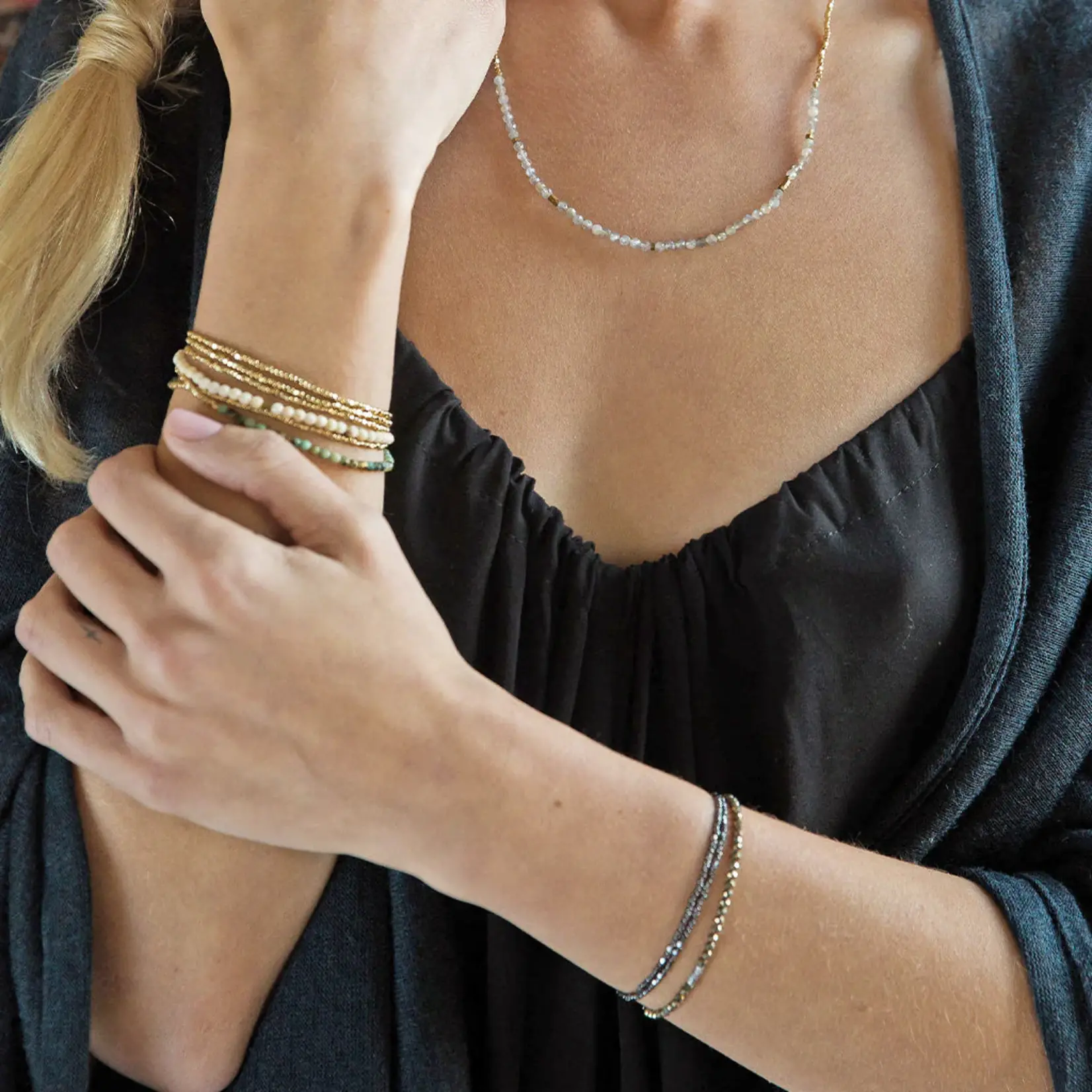 Delicate Bracelet + Necklace Wrap - Pink Opal + Gold