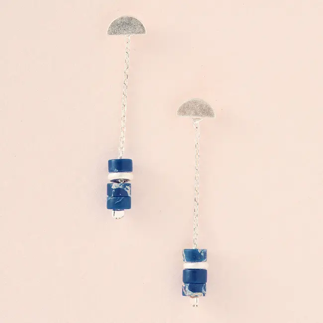 Stone Meteor Thread/Jacket Earrings - Lapis + Silver