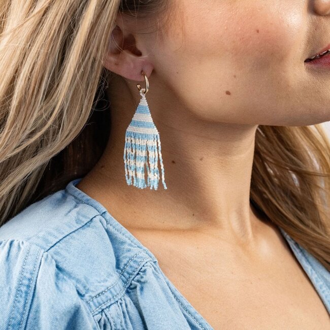 James Gold Hoop Bead Fringe Earrings - Lt Blue
