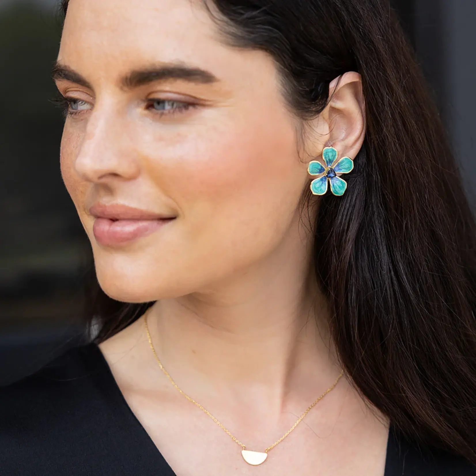 Large Enamel Flower Earrings - Sea Green/Gold