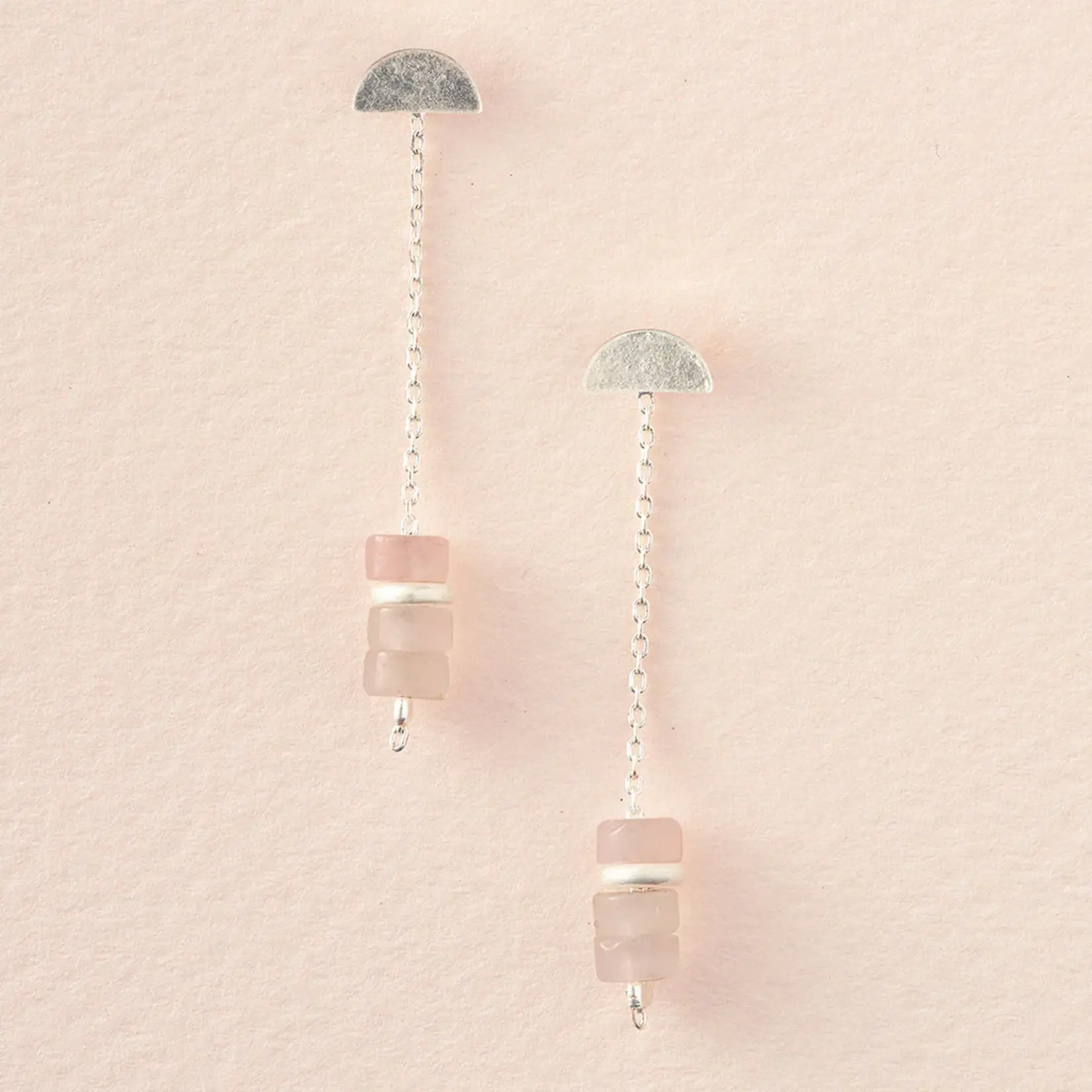 Stone Meteor Thread/Jacket Earrings - Rose Quartz + Silver