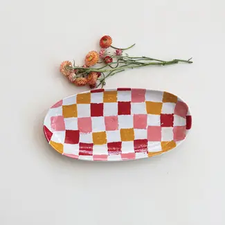 Hand-Painted Stoneware Platter with Check Pattern