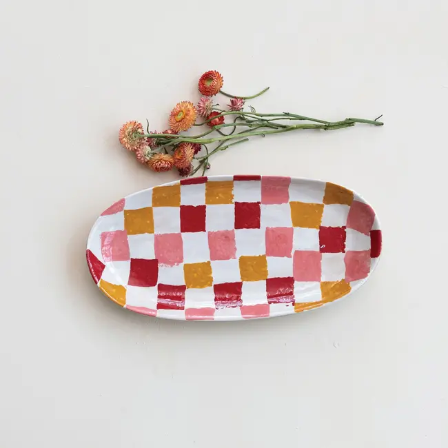Hand-Painted Stoneware Platter with Check Pattern