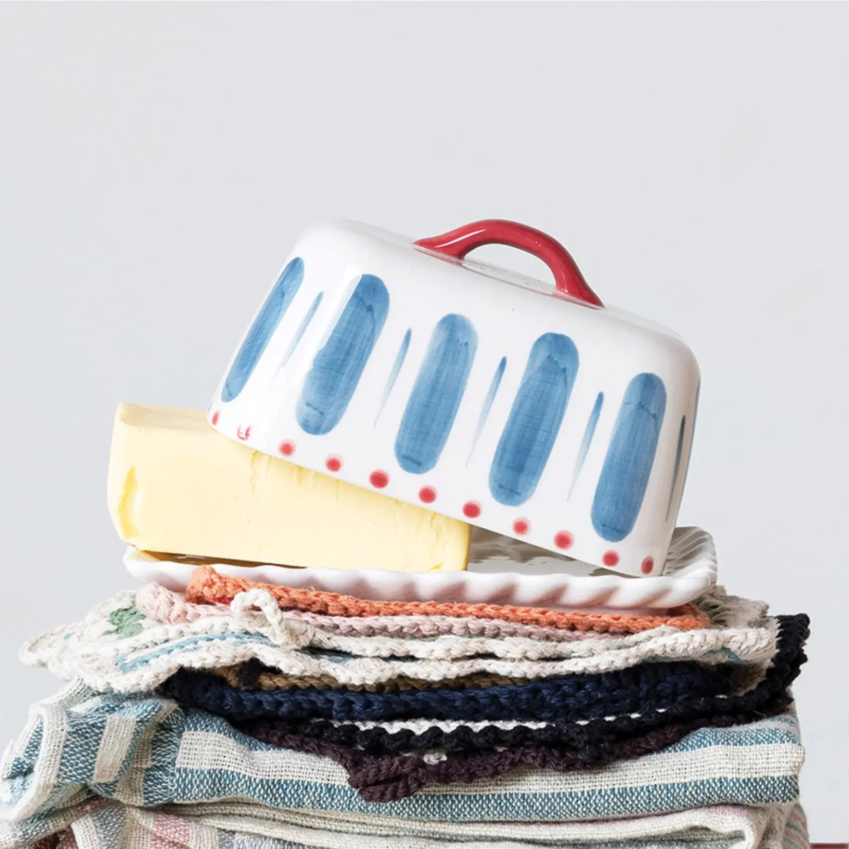 Hand-Painted Stoneware Butter Dish