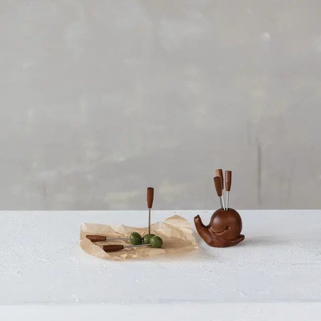 Wood Snail Shaped Holder w/6 Appetizer Picks