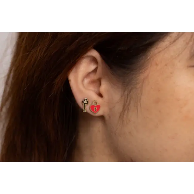 Yellow Owl Post Earrings - Heart Lock & Key