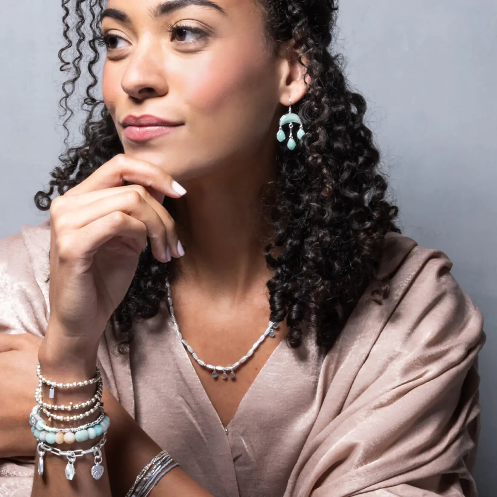 Stone Crescent Drop Earrings - Amazonite/Silver