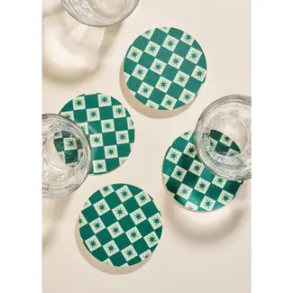 Reusable Chipboard Coaster Set (4) -  Green Checkered Star