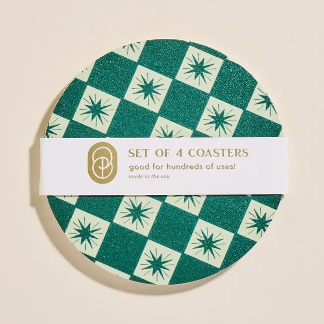 Reusable Chipboard Coaster Set (4) -  Green Checkered Star