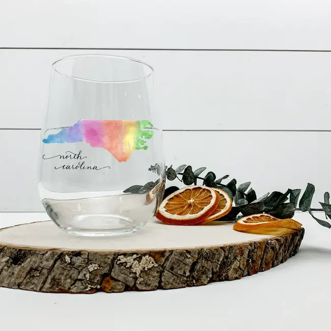 The Write Occasion Calligraphy NC Watercolor Stemless Wine Glass