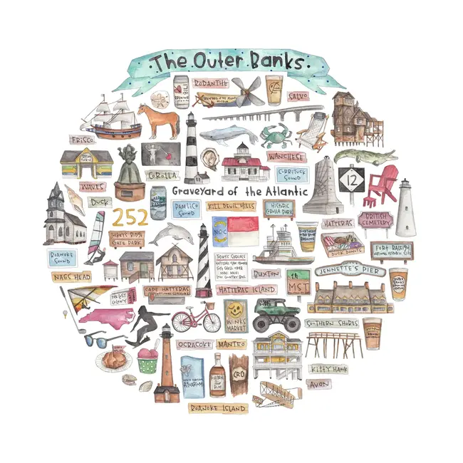 Green Blanky Studio The Outer Banks Icon Watercolor Print 12 x 12"