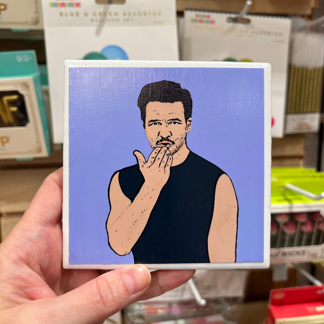 Amy May Pop Art Pedro Pascal Blowing A Kiss Coaster