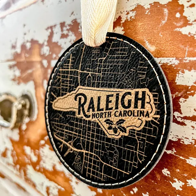 Mae Designs Raleigh Map Leather Ornament