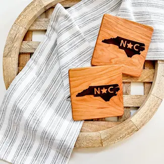 Mae Designs NC Map Engraved Square Wood Coaster