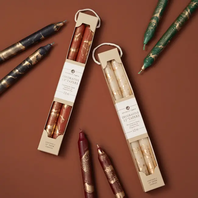 Decorative Taper Candles - White + Gold (12" Pair)