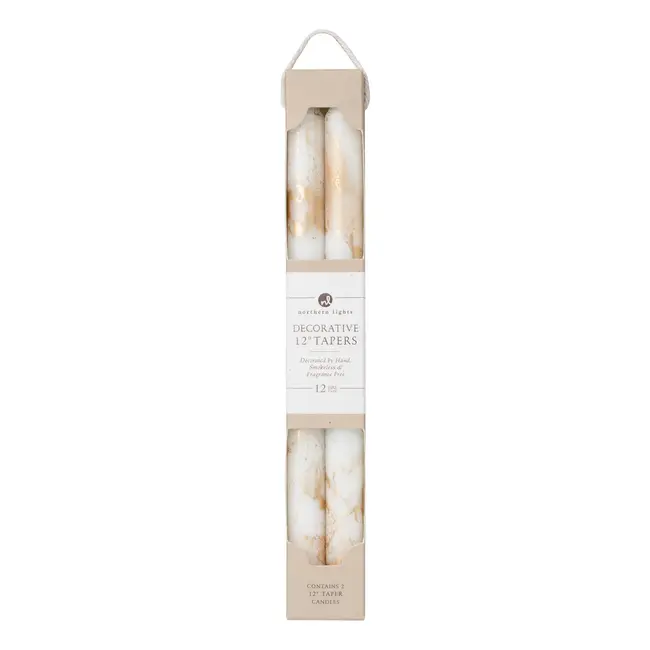 Decorative Taper Candles - White + Gold (12" Pair)