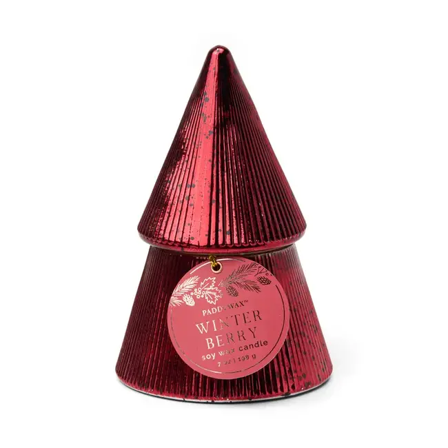 Red Ribbed Mercury Stacked Tree Candle - Winter Berry