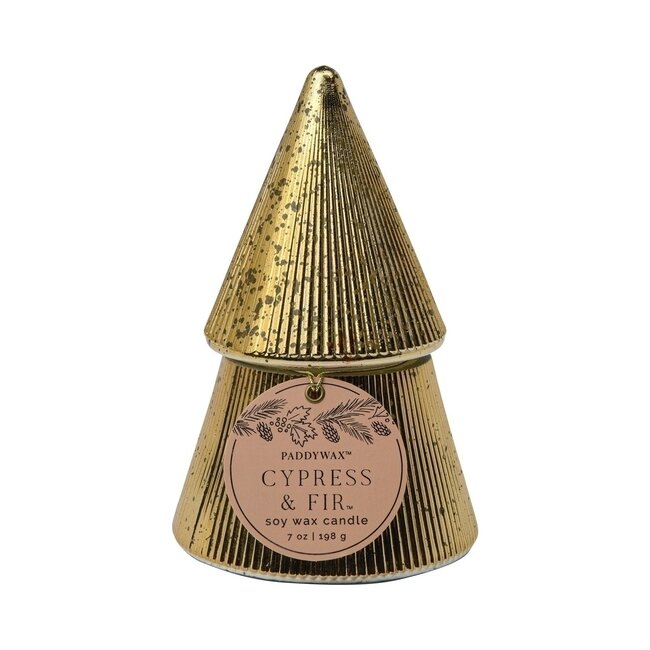 Gold Ribbed Mercury Tree Candle - Cypress & Fir