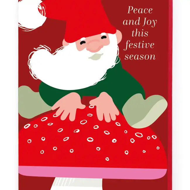 Gnome Jumping Over Mushroom Christmas Card