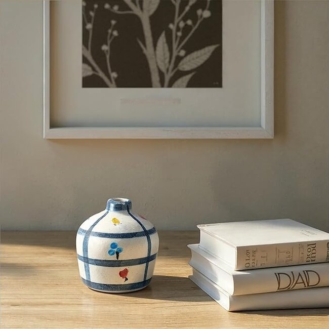 Hand-Painted Terracotta Vase w/Flower Grid Patter