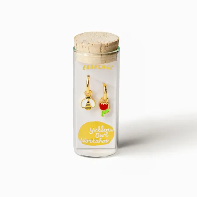 Yellow Owl Hoop Earrings - Honeybee & Flower