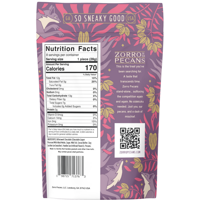 Zorro Pecans 8oz - Dark Chocolate Bark