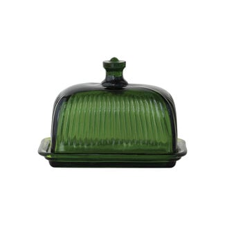 Green Glass Ribbed Butter Dish