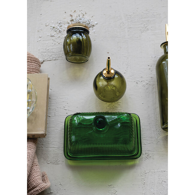 Green Glass Ribbed Butter Dish