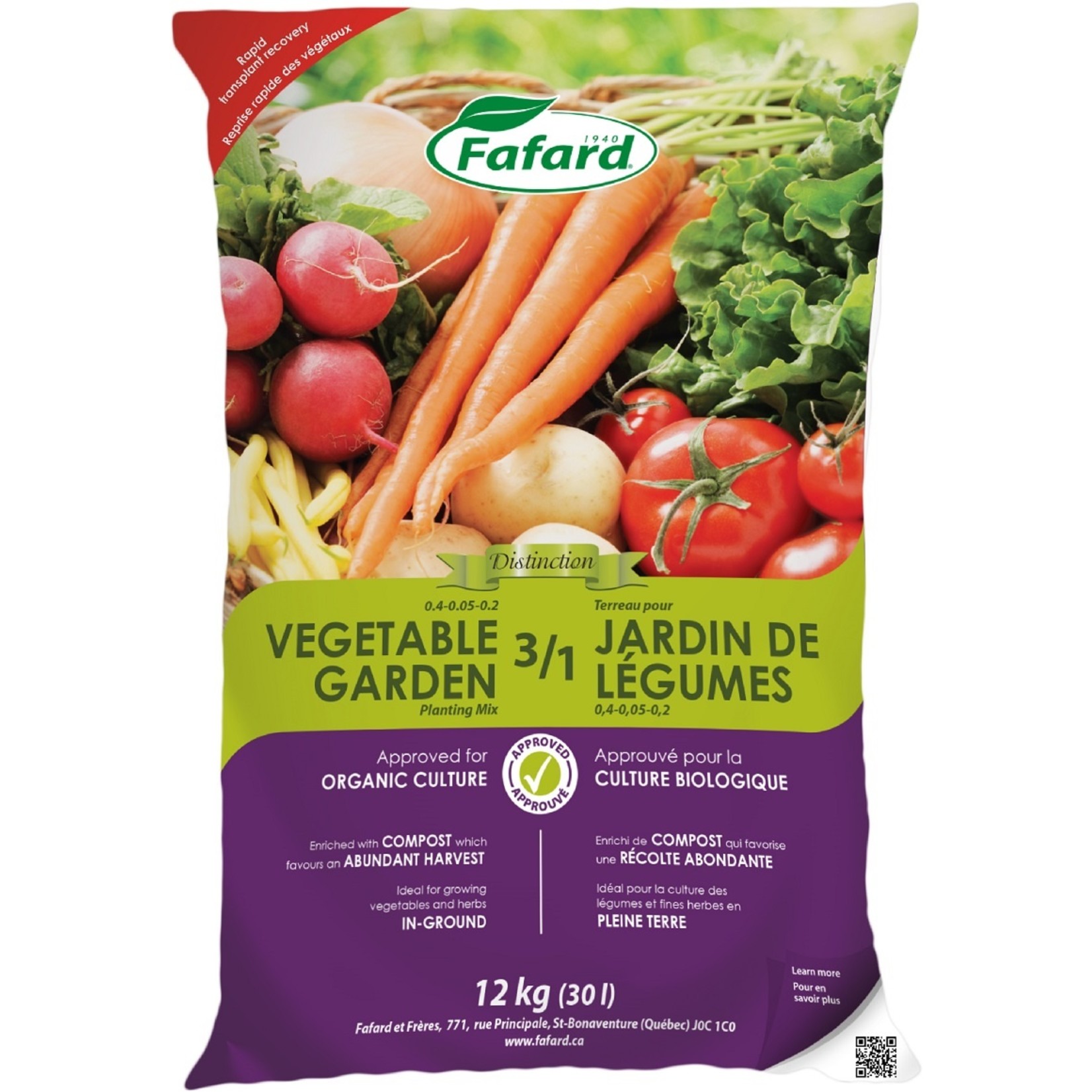 Fafard Terre 3 /1 pour jardin de légumes  (Bio) 30 L **Prix Spécial**