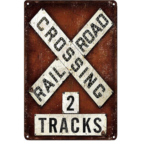 2 Tracks Railroad Crossing - Tin Sign