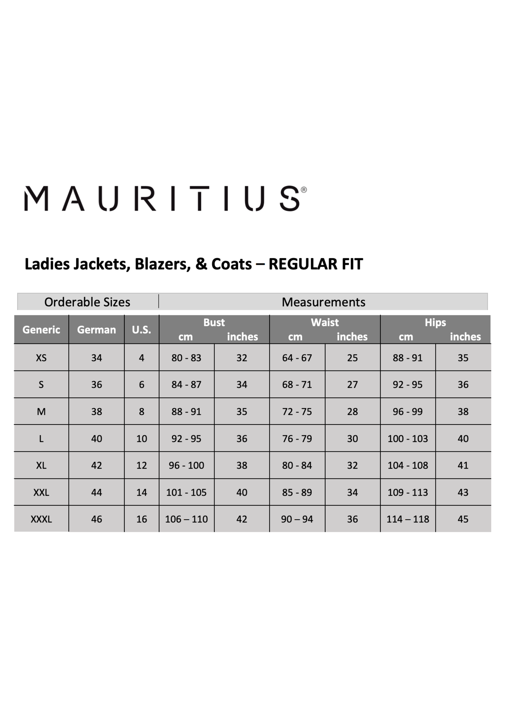 Body and Soul - Online Shopping Mauritius Size Chart Store