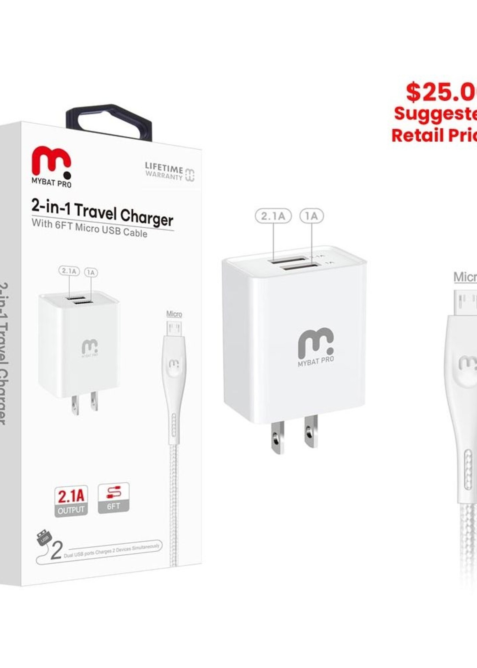 MyBat (2in1) MyBat Pro - Travel Adapter w/ Micro USB Cable (6ft)