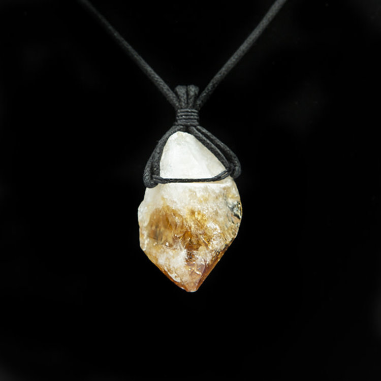 Raw Citrine Point on Black Cord Necklace
