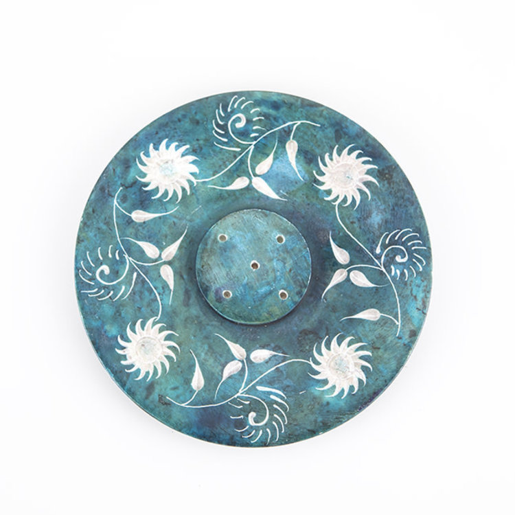 Blue Soapstone Floral Incense Plate 4 in.