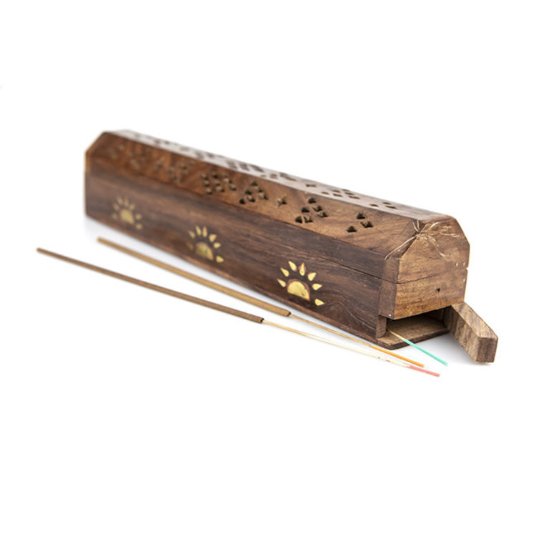 Wood Box Incense Burner with Metal Sun Inlay