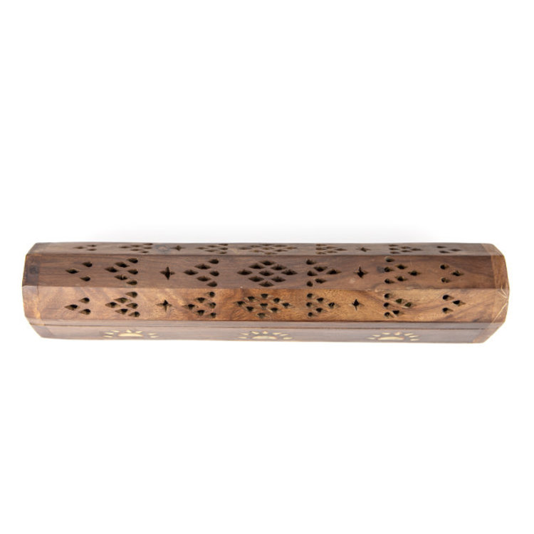Wood Box Incense Burner with Metal Sun Inlay