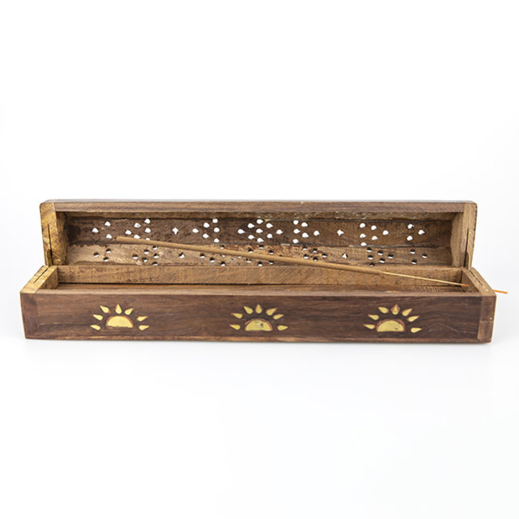 Wood Box Incense Burner with Metal Sun Inlay