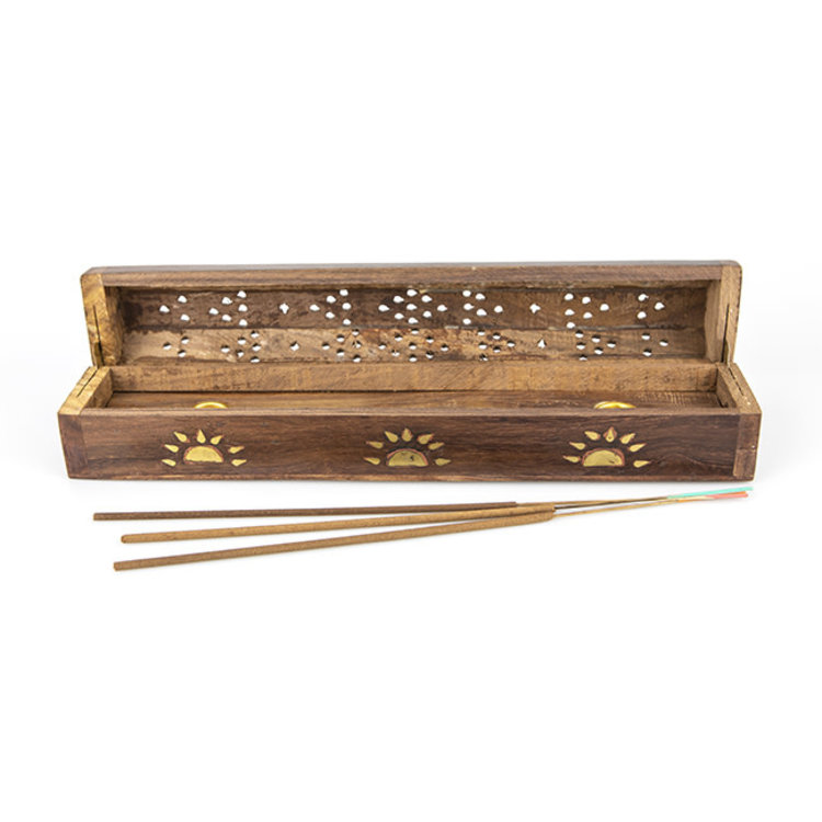 Wood Box Incense Burner with Metal Sun Inlay