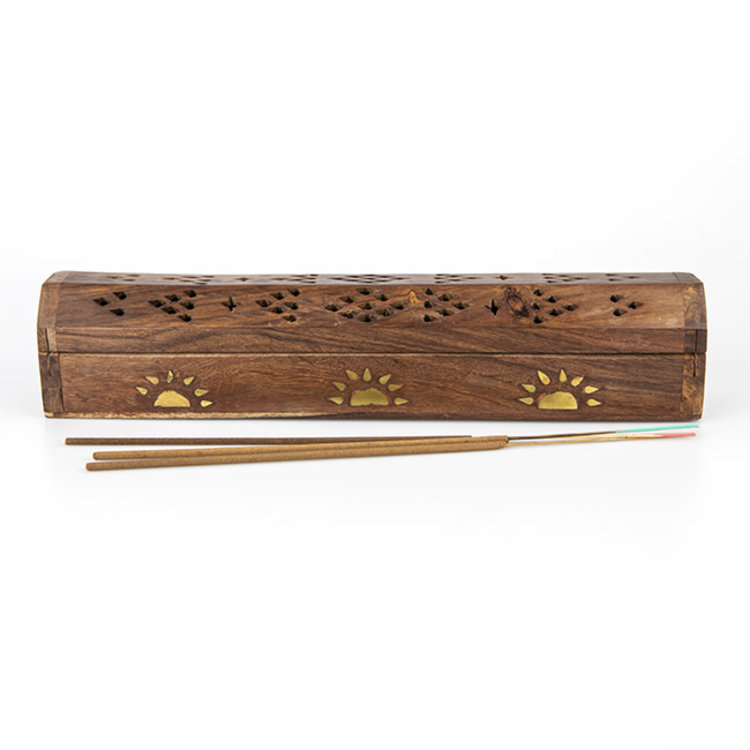 Wood Box Incense Burner with Metal Sun Inlay