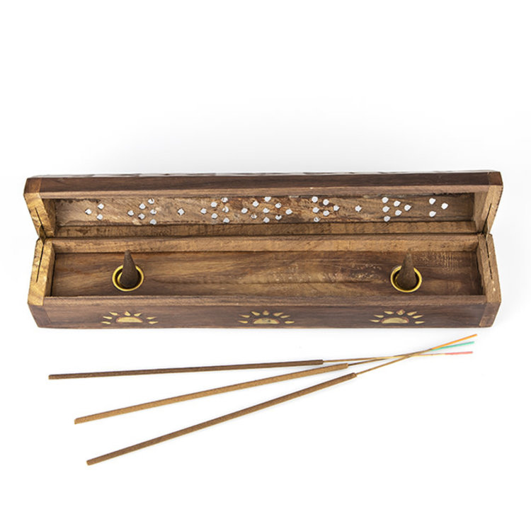 Wood Box Incense Burner with Metal Sun Inlay