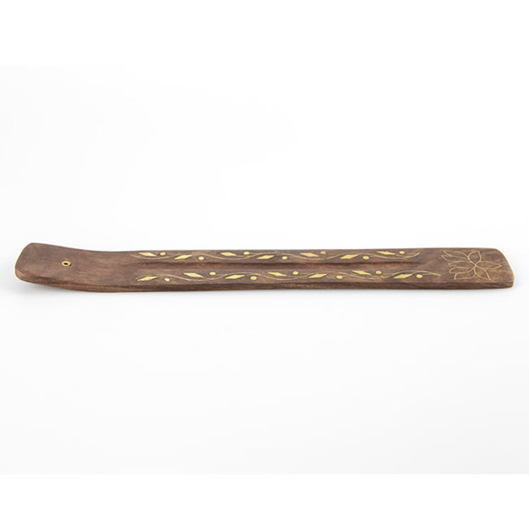 Wooden Incense Burner with Vine & Lotus Flower Brass Inlay