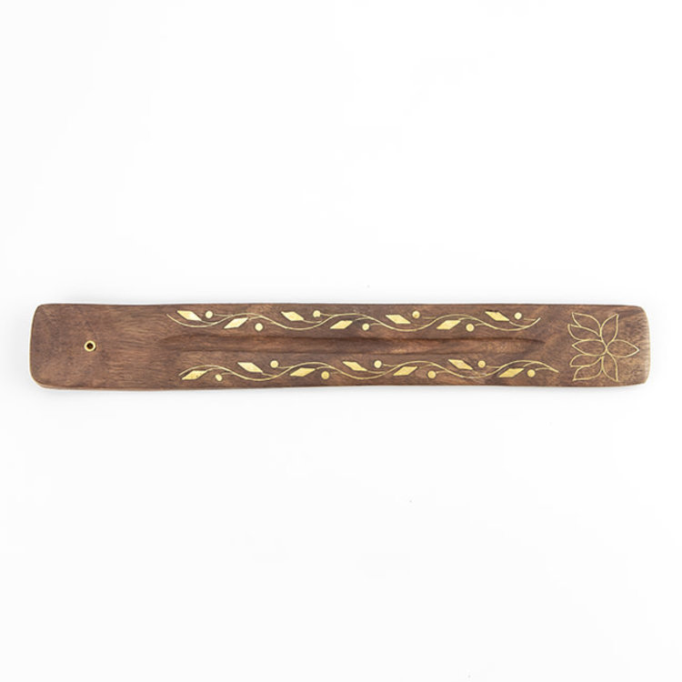 Wooden Incense Burner with Vine & Lotus Flower Brass Inlay