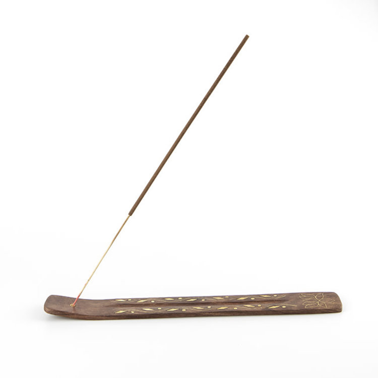 Wooden Incense Burner with Vine & Lotus Flower Brass Inlay
