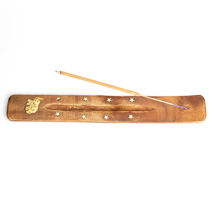 Wood Incense Burner with Brass Elephant Inlay