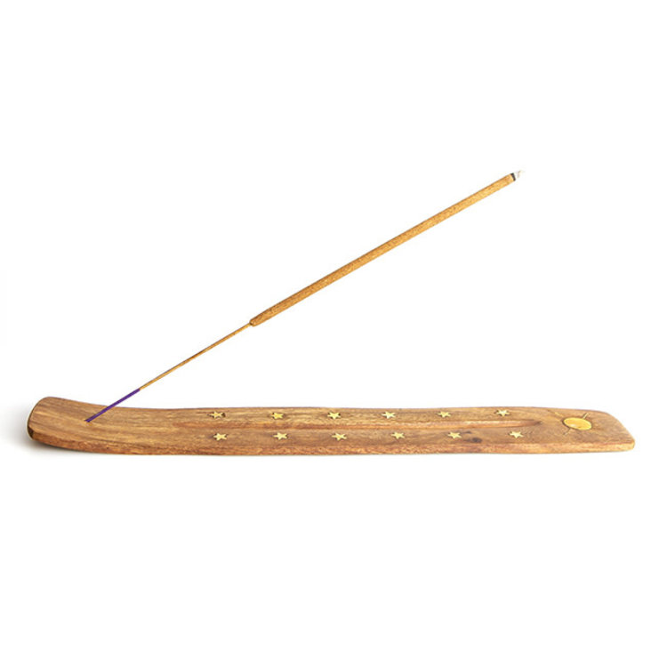 Wooden Incense Burner with Sun & Stars Brass Inlay