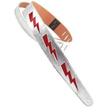 Henry Heller Peru Silver Leather with Red Bolt Cutouts  2" Guitar Strap, Bowie/Glam Rock Style!