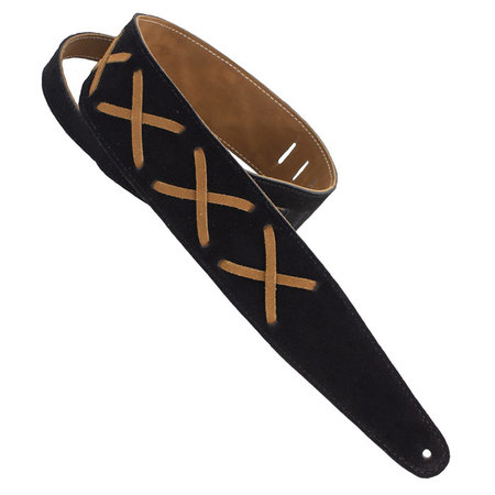 Henry Heller Premium Suede 2.5" Guitar Strap with Gilmour-Inspired Leather Lace Xs, Black/Brown