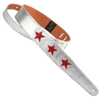 Henry Heller Peru Silver Leather with Red Star Cutouts 2" Guitar Strap, Glam Rock Style!